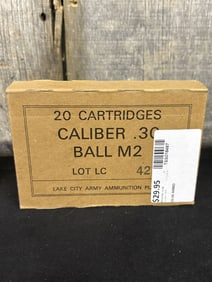 Full Box of Lake City Army Ammo 30.cal Cartridges App. 2.5"X5"