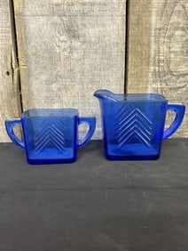 Vintage Hazel Atlas Cobalt Blue Depression Pitcher and Sugar Bowl 2"X4"X5"