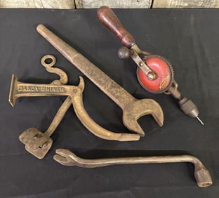 Vintage Dandy Shiner Patented 1903 Cobbler Tool, Rotary Hand Drill Egg Beater Style Red Wood Handle,