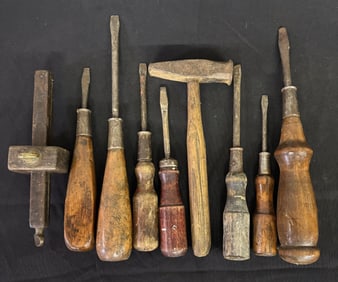 Early Wooden Handle Screwdrivers, Hammer 10"