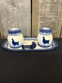 Ceramic Salt and Pepper Shakers w/ Llama decal in Blue and White, Marked NAILE 97 6"X10"