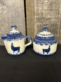 Ceramic Covered Creamer and Sugar Bowl w/ Llama decal in Blue and White 4"X5"