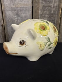 Ceramic Piggy Bank with Flowers 8"X9"