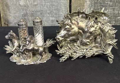 Horse Head Silver Plated Napkin Holder, Salt and Pepper Shaker Stand 4"X2"X4"