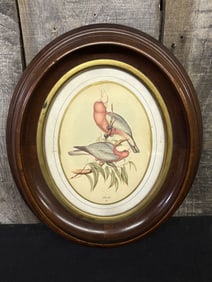 Pink Bird Lithograph Prints in Oval Wood Frames by J. Gould 12"X14"