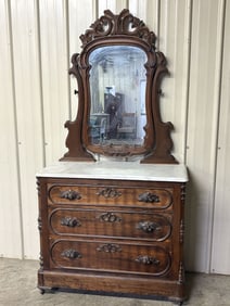 Antique Victorian Mahogany Marble Top Ornate Dresser with Fancy Mirror 18"X41"X81"