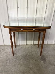Vintage Solid Wood Kidney-Shaped Vanity Table w Removable Mirror Top & Fold-Out Arms 18"X36"X30"
