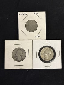 1910 Liberty Head 'V' Nickel, Two Silver Quarters - 1934, 1955 (App. 1")