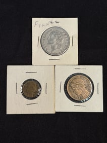 3 French Coins - 5 Francs Piece, 50 Centimes Piece, 2 Francs Piece (App. 1")