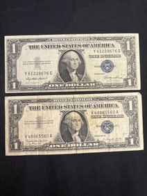 Pair Of Blue Seal Silver Certificates 1935E - 1957B 3"X6"