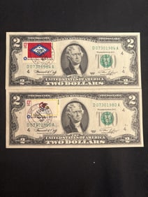 Pair Of 1976 Bicentennial $2 Bills - Arkansas - Illinois 3"X6"