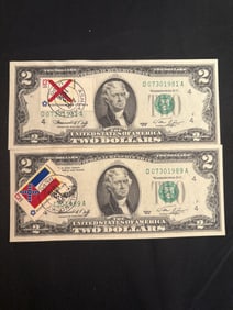 Pair Of 1976 Bicentennial $2 Bills - Alabama - Mississippi 3"X6"