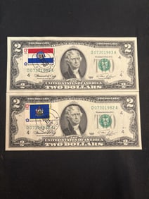 Pair Of 1976 Bicentennial $2 Bills - Missouri - Maine 3"X6"