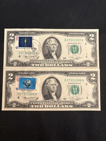 Pair Of 1976 Bicentennial $2 Bills - Indiana - Louisiana 3"X6"
