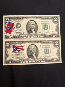 Pair Of 1976 Bicentennial $2 Bills - Tennessee - Ohio 3"X6"