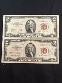 Pair Of Red Seal $2 Bills 1953C - 1953A 3"X6"