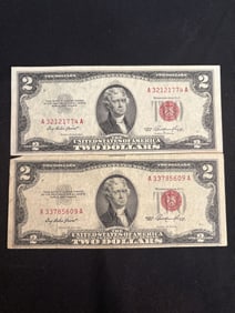 Pair Of Red Seal $2 Bills 1953 3"X6"