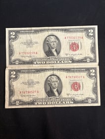 Pair Of Red Seal $2 Bills 1953C 3"X6"
