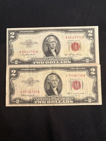 Pair Of Red Seal $2 Bills 1953 - 1953C 3"X6"