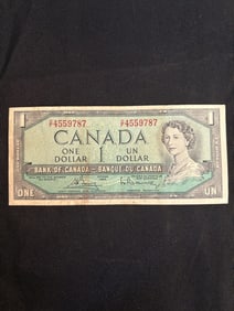1954 Canadian One Dollar Banknote. 3"X6"