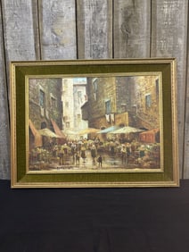 Oil On Canvas Painting Of European Street Market Scene, Signed F. Marinetti 35"X27"