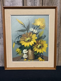 Oil On Canvas Sunflower Painting, Framed. 21"X25"