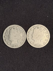 1907 - 1908 Liberty Head V Nickels .8"