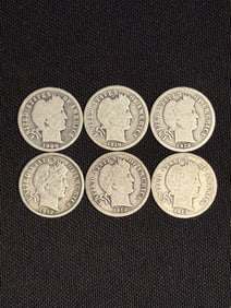 (6) 1900-1913 Barber Liberty Head Dimes (90% Silver) .7"