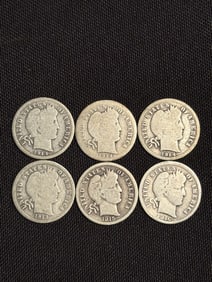(6) 1914-1916 Barber Liberty Head Dimes (90% Silver) .7"