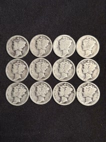 (12) 1916-1919 Mercury Dimes (90% Silver) .7"