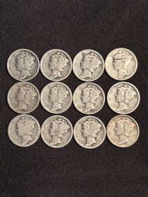 (12) 1924-1927 Mercury Dimes (90% Silver) .7"
