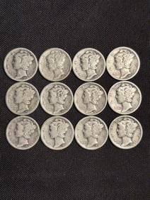 (12) 1928-1934 Mercury Dimes (90% Silver) .7"