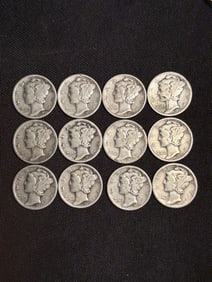 (12) 1934-1935 Mercury Dimes (90% Silver) .7"