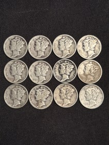 (12) 1936-1941 Mercury Dimes (90% Silver) .7"