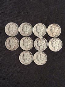 (10) 1943-1945 Mercury Dimes (90% Silver) .7"