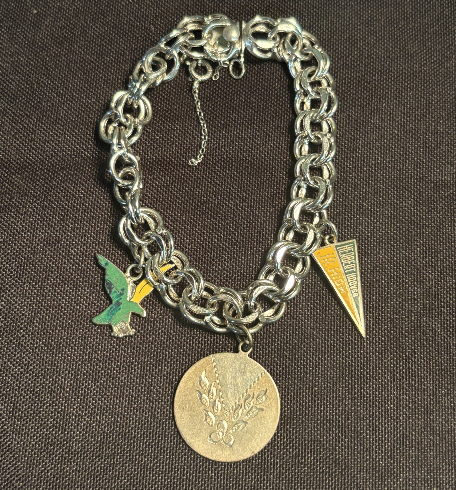Sterling Link Charm Bracelet With Herbert Hoover Jr. High Charms (24g) 6": Sterling Link Charm Bracelet With Herbert Hoover Jr. High Charms (24g) 6"