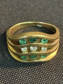 Emerald - Precious Stone Triple Row 14K Gold Ring (Size 6.25) (App. 1")