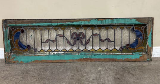 Antique Stained Glass Window  w/ Bow Detail 54"X16"