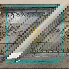 Antique Stained Glass Window  w/ Fleur De Lis Detail 36"X36"