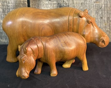 African Wood Carved Mother and Baby Hippo's 7"X5"