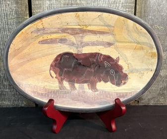 Kenyan Hand Carved Soapstone Dish African Art Pottery Safari Etching 10"X7"