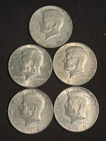 (5) 1968-1969 Kennedy Half Dollar Silver Coins (40% Silver) (App. 1.2")