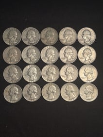 (20) Pre-1965 Washington Quarter Dollar Coins (90% Silver) (App. 1")