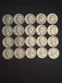 (20) Pre-1965 Washington Quarter Dollar Coins (90% Silver) (App. 1")