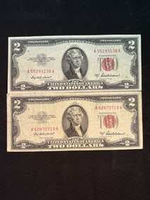 (2) Series 1953A Red Seal $2 Bill Notes 2.5"X6"
