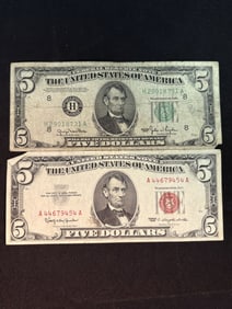 Series 1963 Red Seal $5 Bill Note And Series 1950 $5 Bill Note 2.5"X6"