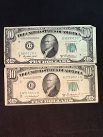 Pair Of Series 1950B $10 Bill Notes 2.5"X6"