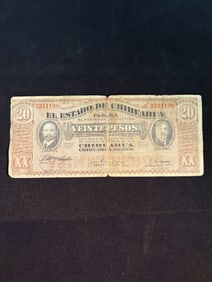 1915 El Estado De Chihuahua Mexico-Veinte Peso Bank Note, 3311198 (App. 6")
