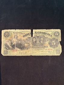 1900 Banco De Coahuila Cinco Peso Bank Note, 99143, American Bank Note Co, New York (App. 6")