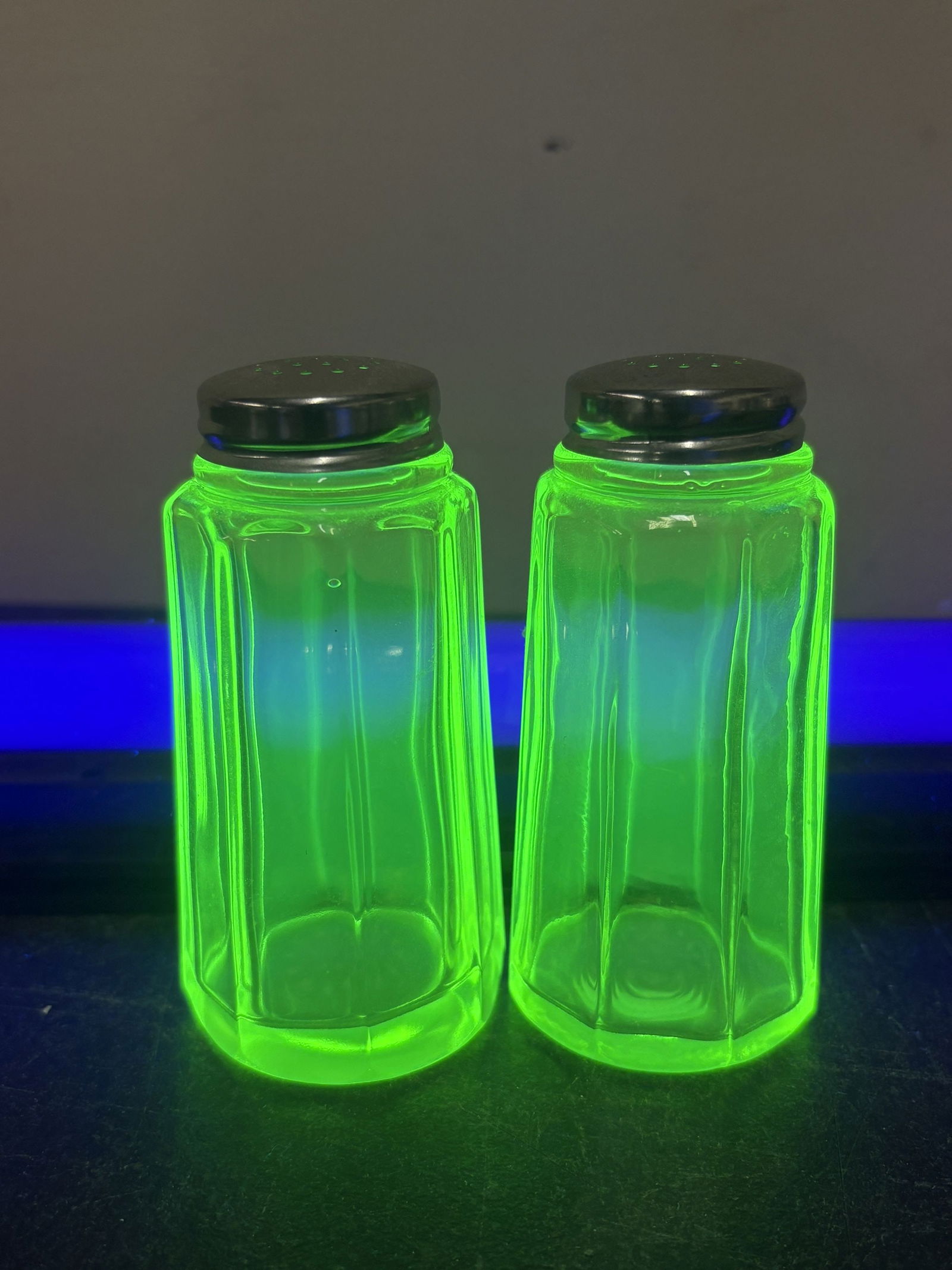 Mosser Vaseline / Uranium Glass Panel Salt & Pepper Shakers - 4.5"x: Mosser Vaseline / Uranium Glass Panel Salt & Pepper Shakers - 4.5"x